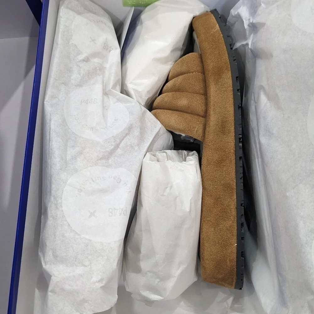 NWT P448 | Women's Fergie Platform Slide Sandals in Cognac Suede